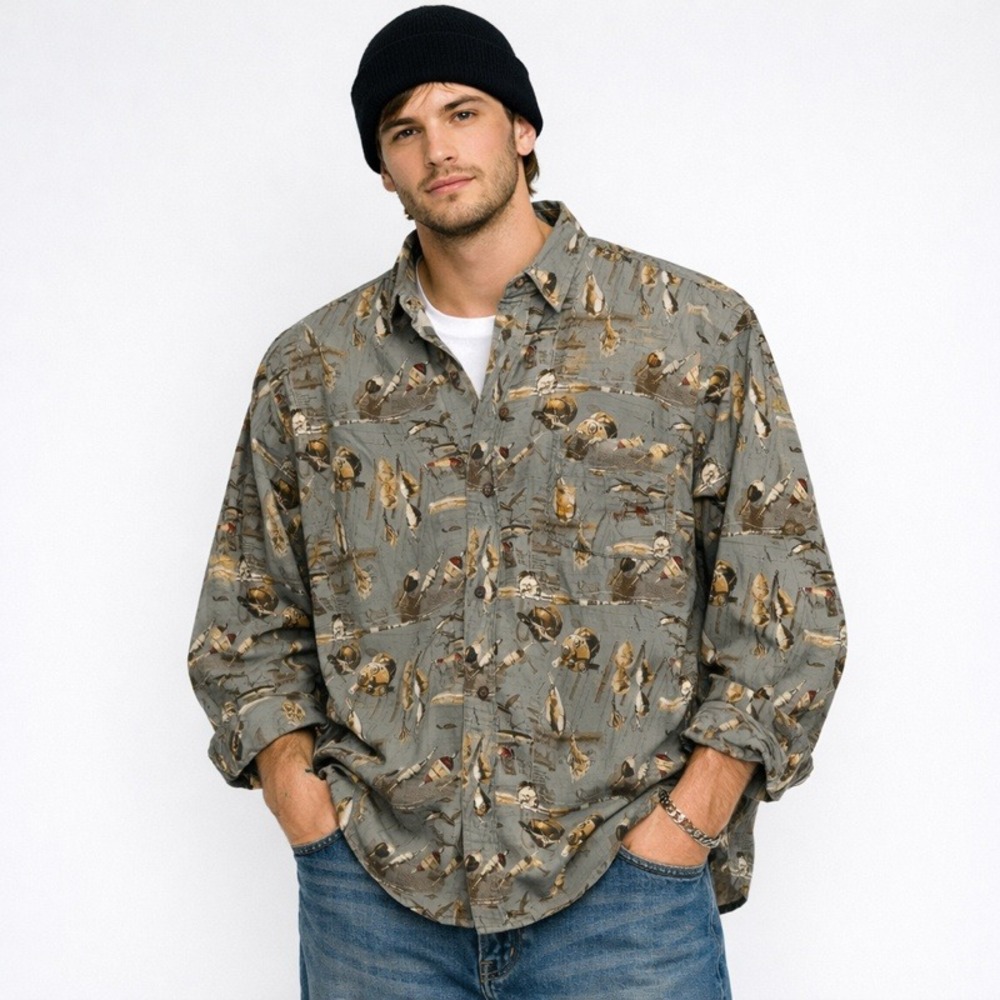 North River Outfitters Mens Fishing Lure Print‎ Button Up Shirt 90s Novelty XXL